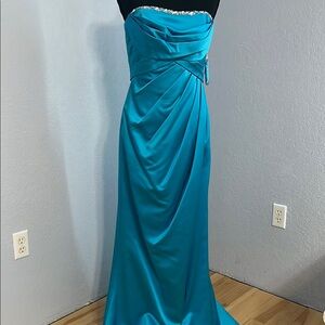 David's Bridal Blue Strapless Ruched Gown